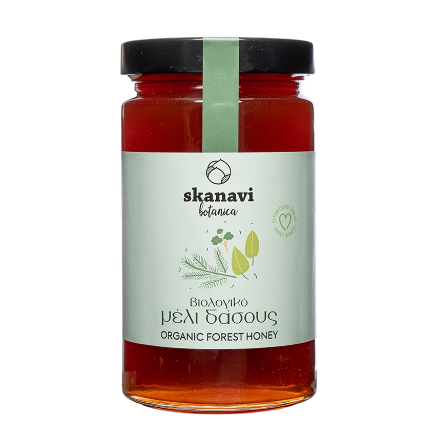 viologiko-meli-dasous-skanavibotanica Βιολογικό μέλι δάσους Skanavi Botanica με πλούσια υφή και σκούρο κεχριμπαρένιο χρώμα.